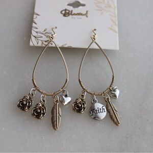 Faith Earrings Feather Rose Flower Heart Gold & Silver Tone Dangle Earrings